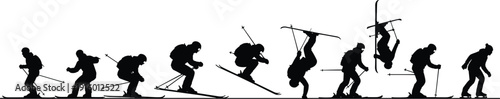 Sequence of freestyle skier silhouettes performing backflip and downhill tricks isolated on white background