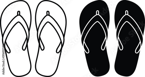 Vector illustration of flip flops in line art and black silhouette styles for summer beach vacation footwear branding and casual lifestyle design
