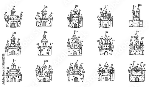 Fairytale castle doodle icons pack with hand-drawn princess magic kingdom vector set