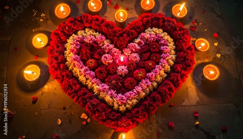 A romantic Valentine's Day illustration featuring a glowing red heart shape inside a glass on a dark night backdrop, symbolizing love and celebration through an artistic light design