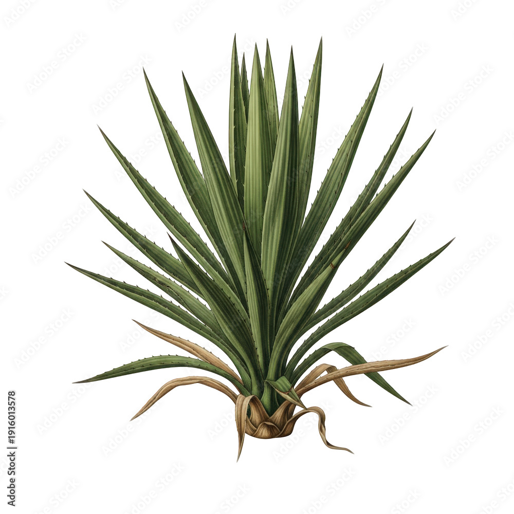 Fototapeta premium A detailed illustration of a yucca plant with long green leaves and brown roots isolated on transparent background