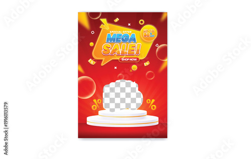 A vibrant advertisement for a mega sale featuring a camera on a pedestal