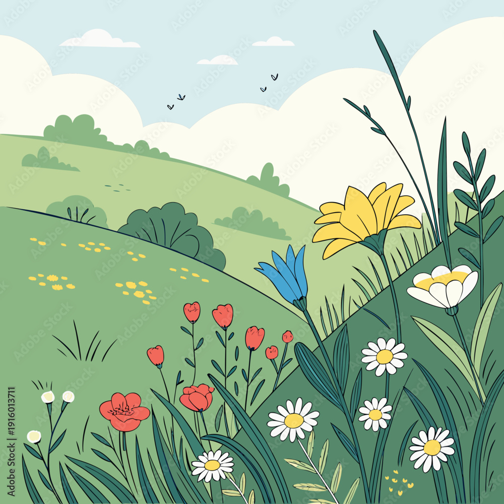 Obraz premium Colorful Wildflower Meadow Landscape with Blue Sky – Spring Nature Vector Illustration
