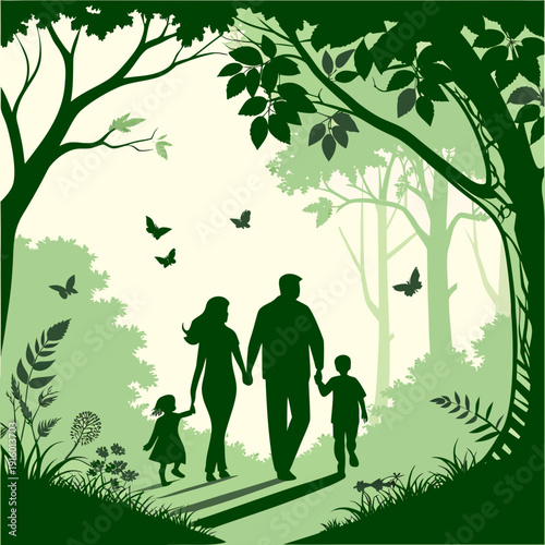 Happy Family Walking Together in Green Forest Path – Nature Silhouette Vector Illustration