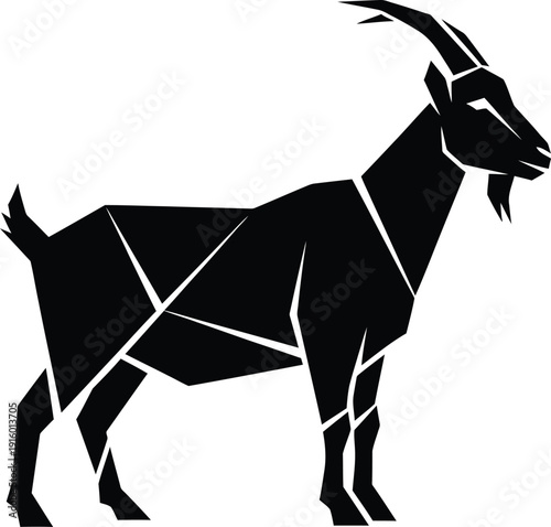 a goat silhouette, geometric shapes, white background, minimalist design, high contrast, no colors other than black and white. Sharp edges, simple elegant silhouette art style