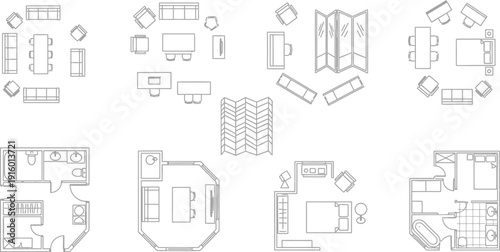 A collection of various interior design floor plan layouts for homes and offices.