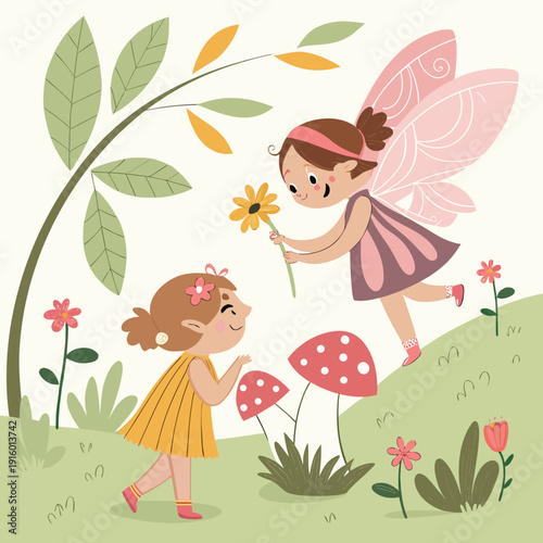 Cute Fairy Garden with Little Fairies Playing – Children Fantasy Vector Illustration