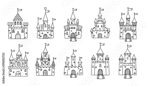 Cartoon princess castle doodle icon set with hand-drawn magic kingdom vector designs