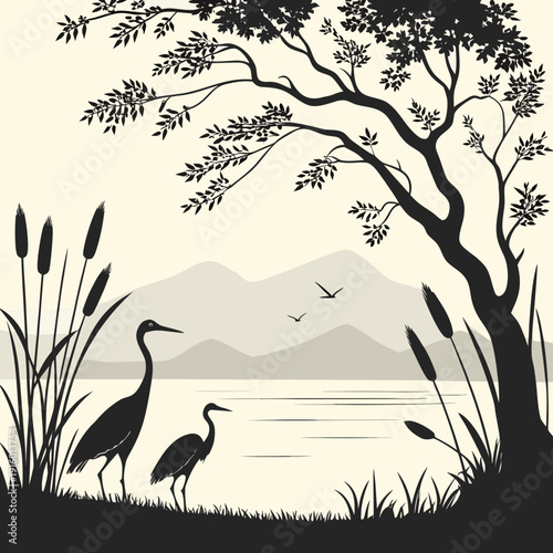 Heron Birds Silhouette by Lake with Reeds and Mountains – Minimal Nature Vector Illustration