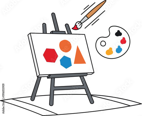 An artist's easel displays geometric shapes in bright colors, with a paintbrush poised to add more.
