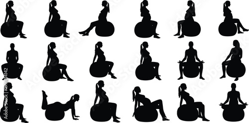 Set of pregnant woman silhouettes exercising with fitness ball in various poses isolated on white background
