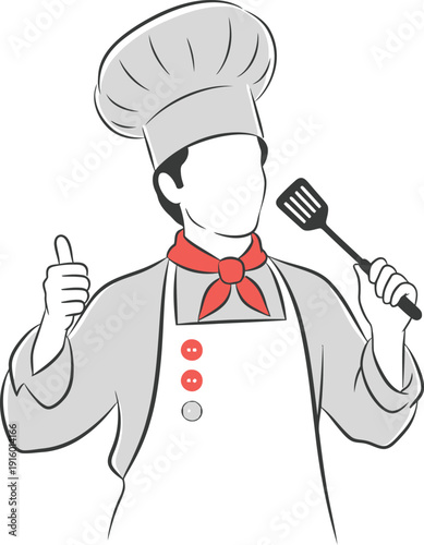 A chef with a spatula gives a thumbs-up, wearing a tall white hat and red bandana.
