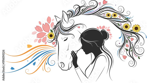 A gentle woman shares a tender moment with a horse adorned with flowers and flowing mane.