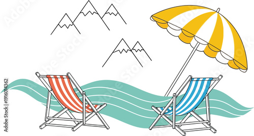 Two striped deck chairs and a large yellow and white umbrella sit beside stylized waves under small line-art mountains.