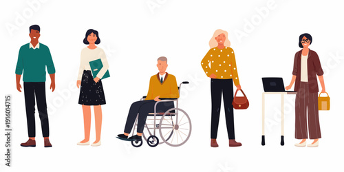 Diverse group of people standing together including a person in a wheelchair