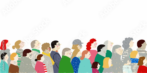 A diverse group of people standing closely together facing right