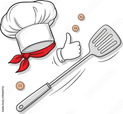 A cartoon chef's hat and a thumbs-up gesture accompany a metal slotted spatula illustration on a white background.