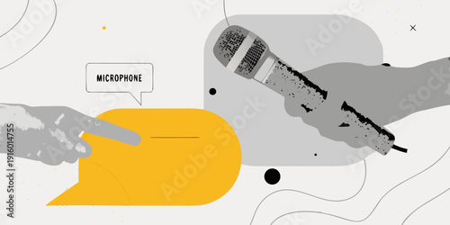 A stylized illustration depicts a hand pointing towards a microphone