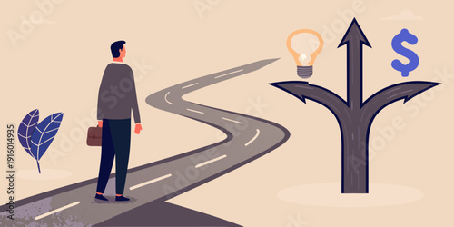 Man contemplates a diverging path with a lightbulb and dollar sign