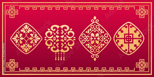 A vibrant red rug featuring repeating golden floral and geometric patterns