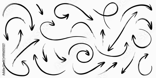 Collection of hand drawn black arrows and swirling directional indicators