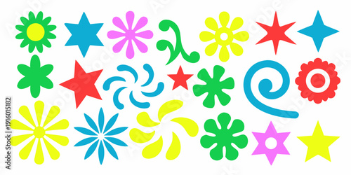 Colorful assortment of whimsical floral and star shaped design elements