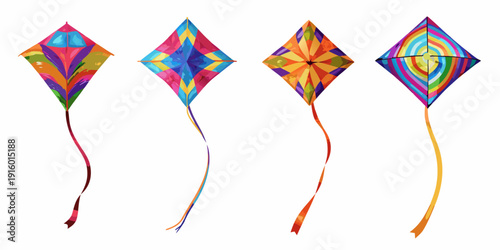 Four colorful diamond kites isolated on a white background