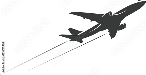 Silhouette of a large commercial airplane ascends sharply into the sky leaving two distinct contrails behind it against a white backdrop.