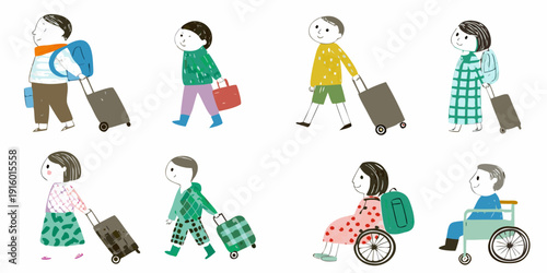 Diverse group of people traveling with luggage and mobility aids