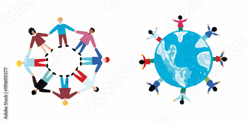 Diverse group of people holding hands around a globe illustration