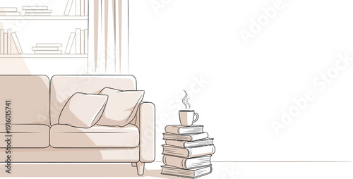 A simple line drawing depicts a comfortable sofa next to a stack of books topped with a steaming mug, suggesting relaxation and reading time.