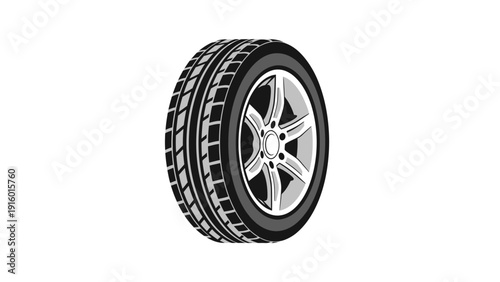 High-angle shot of a car tire with a silver alloy wheel on a white background.