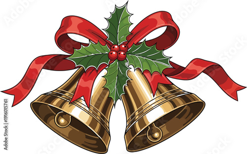 Classic illustration of two shiny golden jingle bells tied together with a vibrant red ribbon and traditional green holly leaves featuring bright red berries for seasonal celebration design elements.