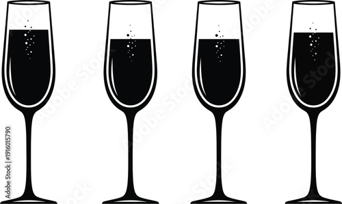 A collection of four black and white stylized champagne flute glasses filled with dark sparkling beverage suitable for celebration icons or beverage design concepts
