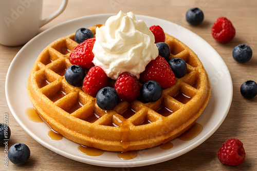 Delicious waffle with fresh berries and whipped cream on wooden table breakfast