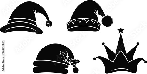 Collection of four black silhouette icons representing different festive and jester style hats along with a royal crown design element on a white background