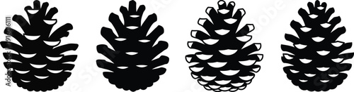 Collection of four distinct black and white silhouette illustrations depicting pine cones of varying shapes and sizes arranged horizontally across the composition against a plain backdrop.