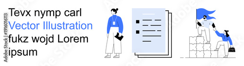 Teamwork, collaboration, growth, documentation, leadership, goal achievement. Professional individuals with documents and flags teamwork. Collaboration and leadership concept