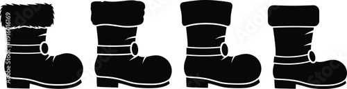 Collection of four black silhouette icons representing different styles of heavy winter boots perfect for holiday characters or cold weather footwear designs