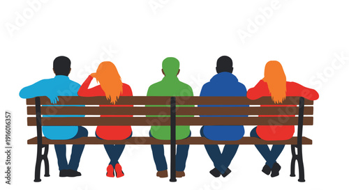 A group of people seated together on a wooden park bench
