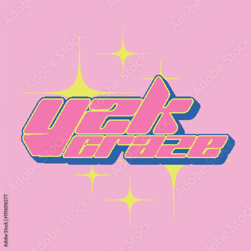 Futuristic Y2K Style Typography of 'Y2K Craze' in Pink with Acid Green and Blue Outlines with Lime Glitters Swirling, Pixel Art Modern Style Banner