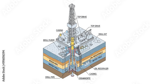 Detailed Cross Sectional View of an Oil Drilling Rig and Underground Geological Formations.
