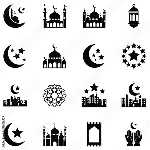 Islamic cultural symbols for Eid al-Fitr, featuring mosques, crescent moons, stars, geometric patterns, and praying hands, in a minimalist silhouette style.