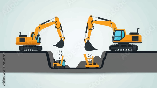 Heavy machinery excavators digging a trench for construction work.