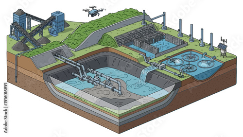 Isometric cross-section of a large-scale industrial mining and water treatment facility.