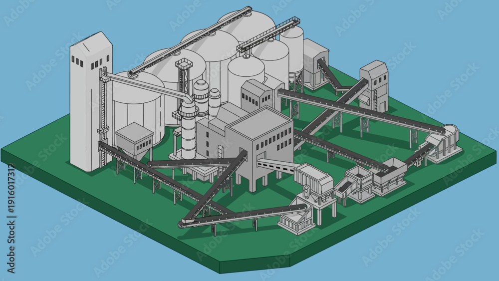 Naklejka premium Isometric Illustration of a Large Industrial Plant with Silos and Conveyor Belts.