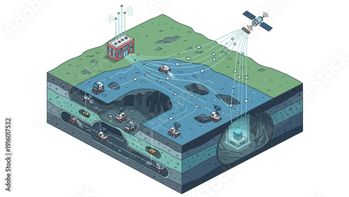 Isometric illustration of underground water management and data collection.