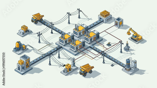 Isometric Industrial Complex with Connected Factories and Machinery.