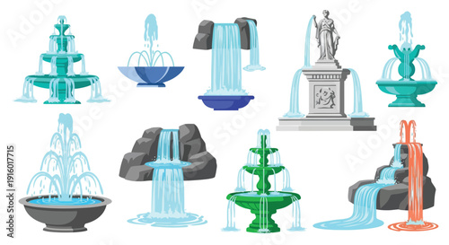 Collection of ornate fountain designs with varying styles and sculpture details