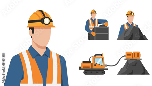 Miner wearing hard hat with headlamp and reflective vest, ready for work.